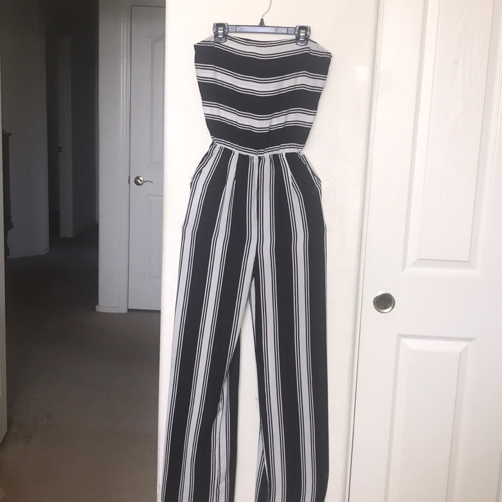 Black and white strapless jumpsuit